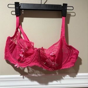 Adore Me Lace Bra Hot Pink Sheer‎ Unlined Bows Sexy Lingerie 38B